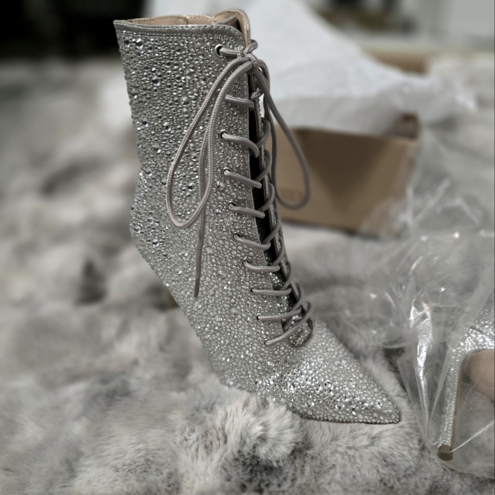 Steve Madden Elegant Silver Rhinestone Lace-Up Women's Boots